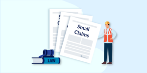 small claims court paperwork with a law book and construction worker. Graphic representing legal claims and court filing processes.