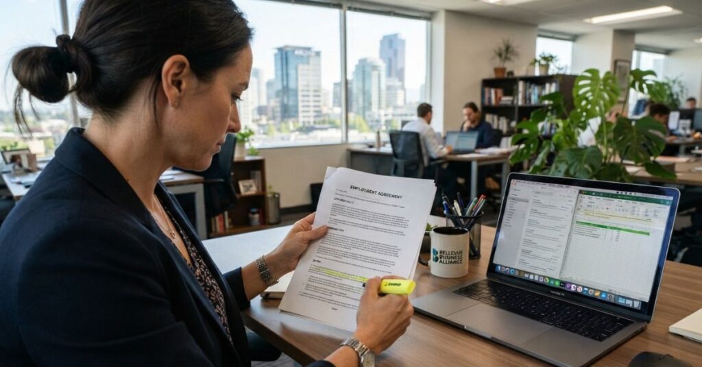 Bellevue employer reviewing an employment agreement for non-compete clauses before Washington's 2027 ban