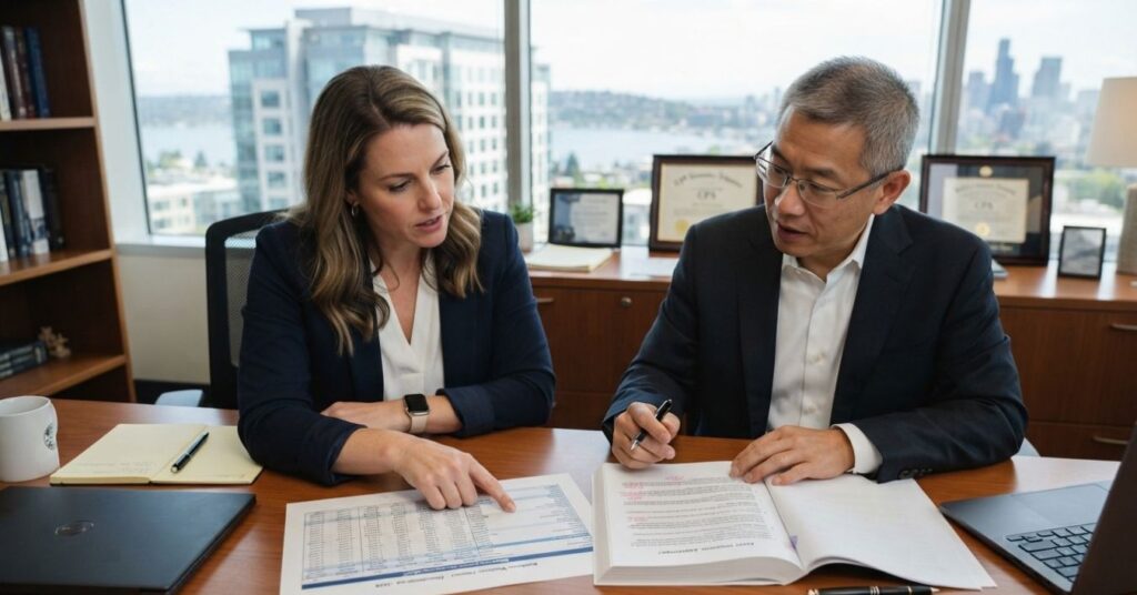 Business owner and CPA comparing asset sale and stock sale structure before selling a Washington business