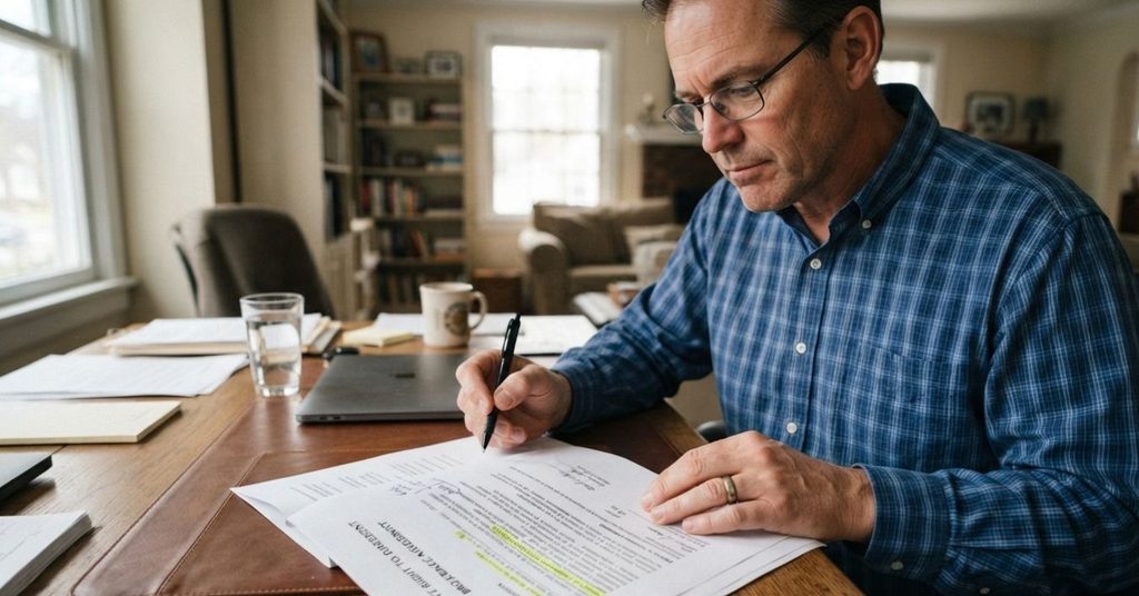 Business owner reviewing a broker listing agreement before signing in Bellevue