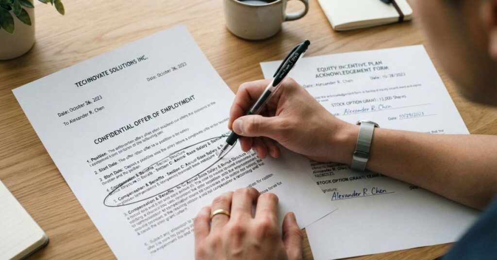 Marked-up equity and offer letter showing forfeiture and customer nonservicing clauses