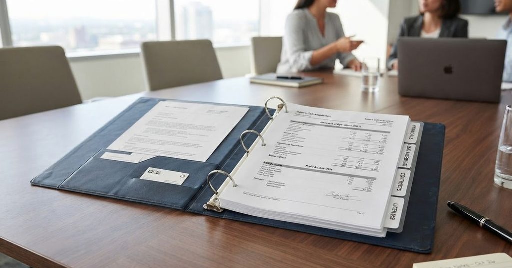 Document binder prepared for due diligence when selling a small business in Washington